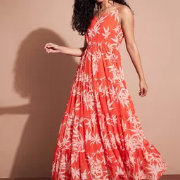 Deewa Floral Printed Halter Neck Georgette Fit & Flare Midi Dress-52