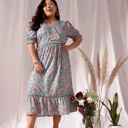 CURVY STREET Blue Floral Printed V-Neck Flared Fit & Flare Midi Dress-picture-32