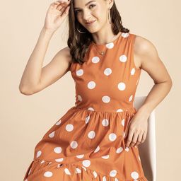 Moomaya Round Neck Polka Dot Printed Fit & Flare Midi Dress-image-90
