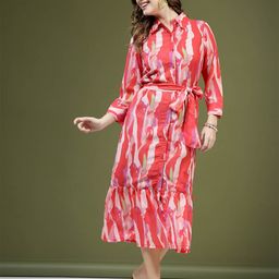 plusS Pink Abstract Printed Shirt Midi Dress With Belt-image-71