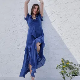Athena Blue V-Neck Flared Sleeve Ruffled Georgette Maxi Dress-image-41