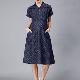 NIGHTSPREE Polka Dot Print Cotton Denim Maternity Shirt Midi Dress-image-51