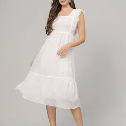 JC4U Self Design Square Neck Flutter Sleeve Georgette A-Line Midi Dress image 3
