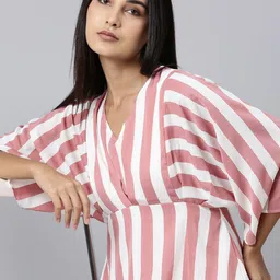 SHOWOFF Striped V-Neck Flared Sleeves A-Line Midi Dress-image-57