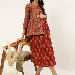 Negen Ethnic Motifs Printed Cotton Maternity A-Line Midi Dress-image-11
