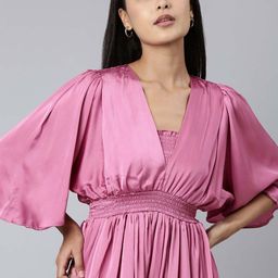 SHOWOFF Pink Puff Sleeve Satin Fit & Flare Midi Dress-image-24