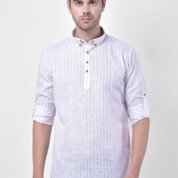 TABARD Men White Striped Cotton Linen Kurta-image-68