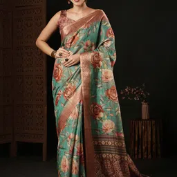 Anouk Teal & Red Floral Printed Zari Sungudi Saree-7