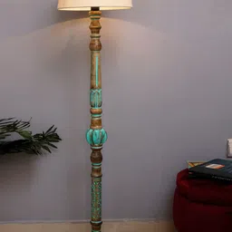 Homesake Beige & Turquoise Blue Royal Carving Wooden Floor Lamp With Shade & Bulb-18