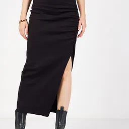 SASSAFRAS Ribbed Front Ruched Midi Skirt-25