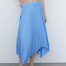 MANGO Solid Accordion Pleated Asymmetric A-Line Midi Skirt image 2