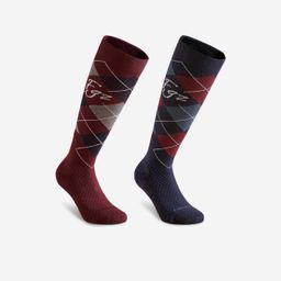 Adult Horse Riding Socks 500 Twin-Pack - Burgundy / Black Diamonds-16