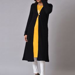 W Women Black Longline Front-Open Sweater-image-73