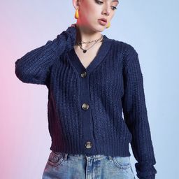 STREET 9 Blue Ribbed Cardigan Acrylic Sweater-image-85