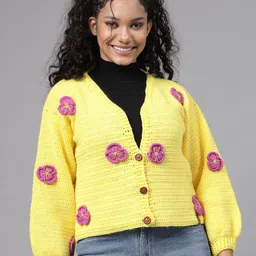 Velvery Floral Self Design V Neck Acrylic Cardigan-28