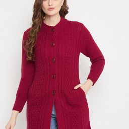 Zigo Women Maroon Cable Knit Woolen Longline Cardigan Sweater-picture-20