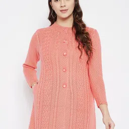 Zigo Women Peach Coloured Cable Knit Wool Longline Cardigan-image-66