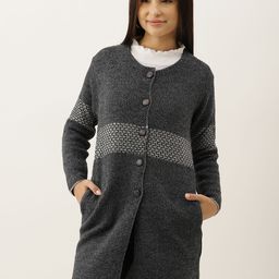 BROOWL Women Charcoal Grey Woollen Self-Design Longline Cardigan-85