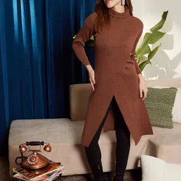 Berrylush Ribbed Turtle Neck Drop Shoulder Split Hem Longline Pullover Sweater-18