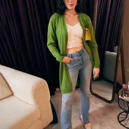 Berrylush Green Collarless Acrylic Longline Front Open Cardigan Sweater-11