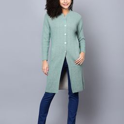BROOWL Geometric Self Design Woollen Longline Cardigan Sweater-11