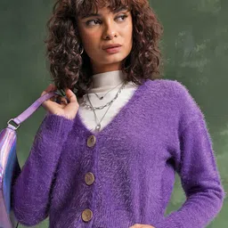 Tokyo Talkies V-Neck Acrylic Fuzzy Crop Cardigan-picture-43