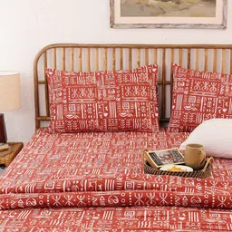 House This Gamathi Rust & White Geometric Printed 144 TC Cotton Super Queen Bedding Set-image-33