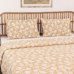 House This Genda Phool Beige Floral Printed 144 TC Pure Cotton Super Queen Bedding Set-image-83