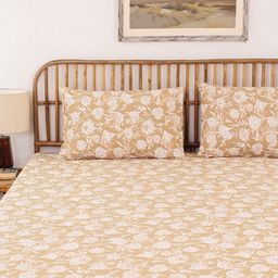 House This Genda Phool Beige Floral Printed 144 TC Pure Cotton Super Queen Bedding Set-24