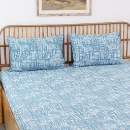 House This Gamathi Blue & White Geometric Printed 144 TC Cotton Super Queen Bedding Set-image-45