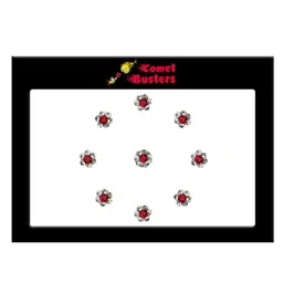 Comet Busters 9 Pcs Embellished Reusable Designer Bindis - Red & Silver-Toned-47