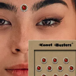 Comet Busters 10 Pcs Embellished Reusable Designer Bindis - Red & Gold-Toned image 3