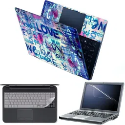 Anweshas 4 in 1 Combo Pack with Laptop Skin Sticker Decal, Palmrest Skin, Screen Protector, Key Guard for 15.6 Inch Laptop - Love Blue Combo Set-23