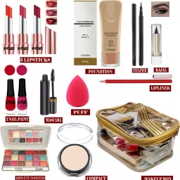 All in one (14 In 1) Makeup Kit With 3 Lipsticks,Foundation,Eyeliner,Kajal,2 Nail Paints,Puff,Lipliner,Eyeshadow,Mascara,Compact,Makeup Pouch Women/Girl Gift Set Makeup Kit VL19032021A58-image-19
