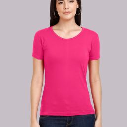 Womens Round Neck Half Sleeve Women Solid Round Neck Pure Cotton Pink T-Shirt-image-4