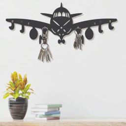 random Aeroplane Black Finish Mdf Wall Hanging With 6 Hooks Key Holder-picture-4
