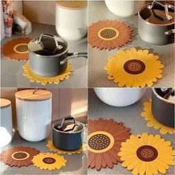 besillia Silicone Coasters Set-3 Different Size(20cm,15cm,10cm) Flower Shape, Non-Slip Coaster Set for Kitchen,Table,Office Desk, Multicolour Trivet image 3