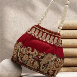 Cream Coloured Potli Handbag With Silver Embroidery And Pearls Sling Bag-image-64
