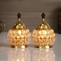 Set of 2 Crystal and Brass Akhand Diya Crystal (Pack of 2) Table Diya Set-image-49