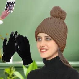 Latest Winter Woolen Beanie and Touchscreen Gloves set for women and girls Beanie-24