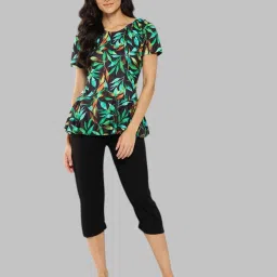 Womens Sports Wear Black-Green Colour Leaf Print Nylon Swim Suit Printed Women Swim-dress Green Swimsuit-image-26