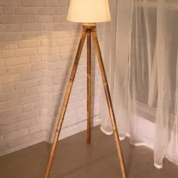 homesake White Cotton Shade Tripod Floor Lamp With Wooden Base-picture-28