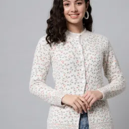 Women Floral Print Round Neck White Sweater-image-61