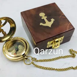 ascent india Brass mini sundial compass chain wood box push button compass Compass image 3