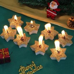 TIED RIBBONS Set Of 8 Gold & White Glittered Christmas Star Candles-12