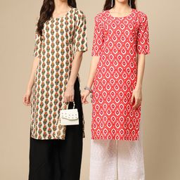 7Threads Women Cream-Coloured & Orange Geometric Printed Block Print Handloom Crepe Kurta-image-61