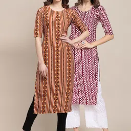 KALINI Women Pack of 2 Brown & Maroon Ethnic Motifs Printed Crepe Kurta-image-89