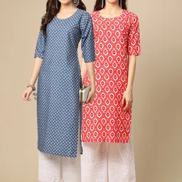 KALINI Women Pack Of 2 Blue & Peach-Coloured Ethnic Motifs Printed Crepe Kurta-3