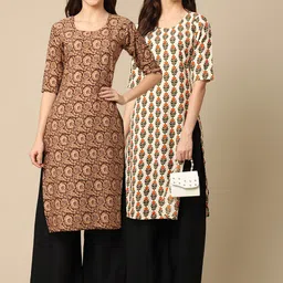 KALINI Women Pack Of 2 Brown & Beige Floral Printed Crepe Kurta-image-57