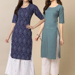 KALINI Women Pack Of 2 Navy Blue & Green Geometric Printed Block Print Crepe Kurtas-picture-16